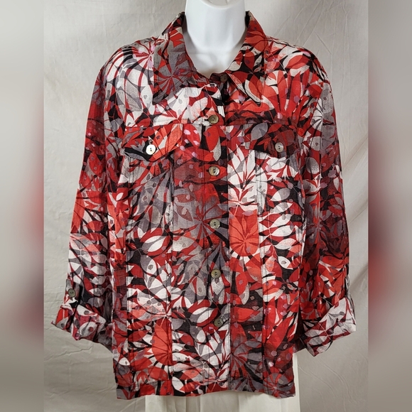 Ruby Rd. Jackets & Blazers - RUBY RD. Red and Black Tropical Print Button Up Shirt Jacket - Size 18W or 1X